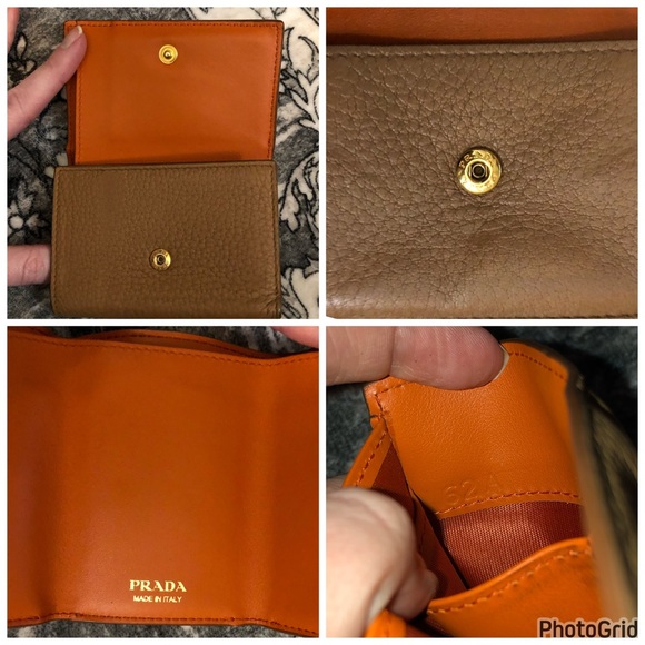 Prada AUTHENTIC Tan Leather Orange Interior Trifold Gold Logo Compact Wallet - Picture 12 of 16